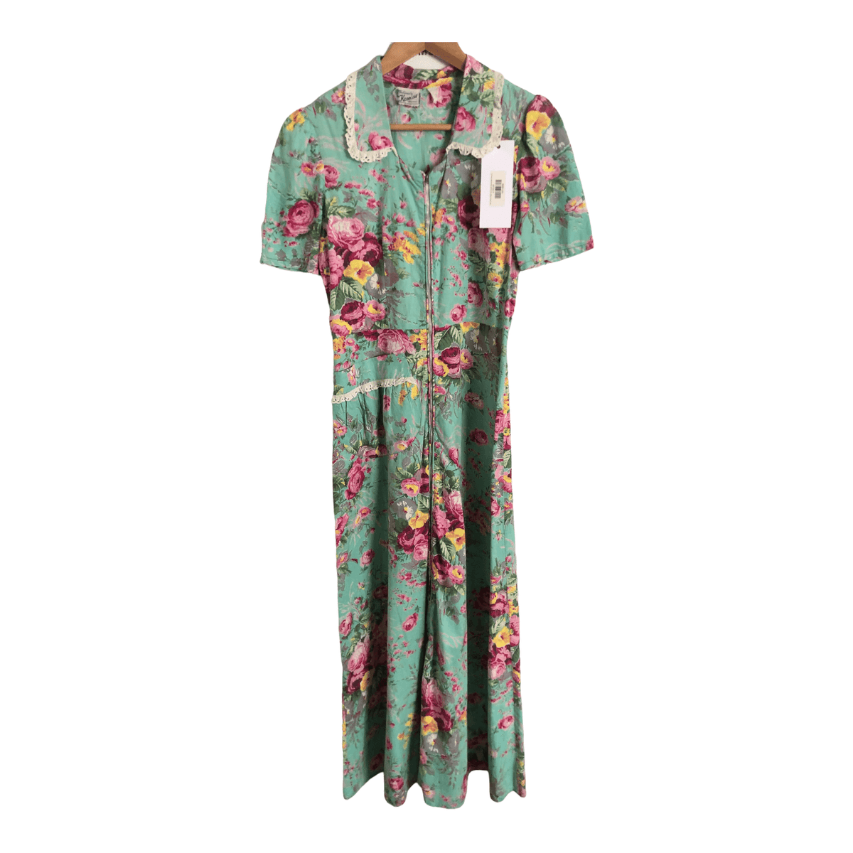 Vintage Ken Rose 100% Cotton Short Sleeve Tunic Maxi Dress Green Pink Floral Print UK Size 12 - Ava & Iva