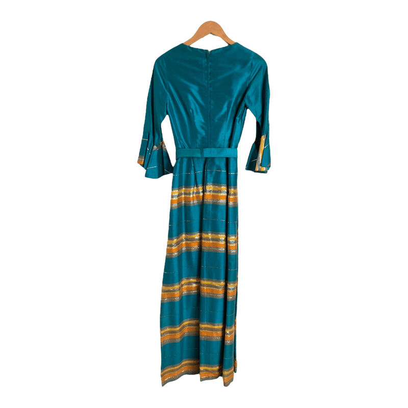 California Vintage Half Sleeve Belted Maxi Dress Evening Gown Teal Green Gold Striped S UK Size 8 - Ava & Iva