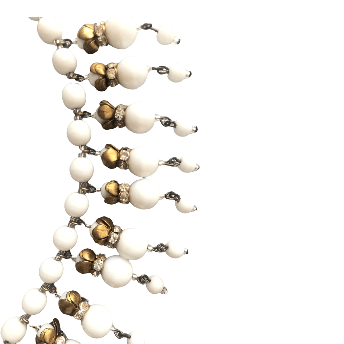 Vintage 1950s Ivory White and Gold Tone Single Strand Beaded Floral Drop Costume Necklet Necklace - Ava & Iva