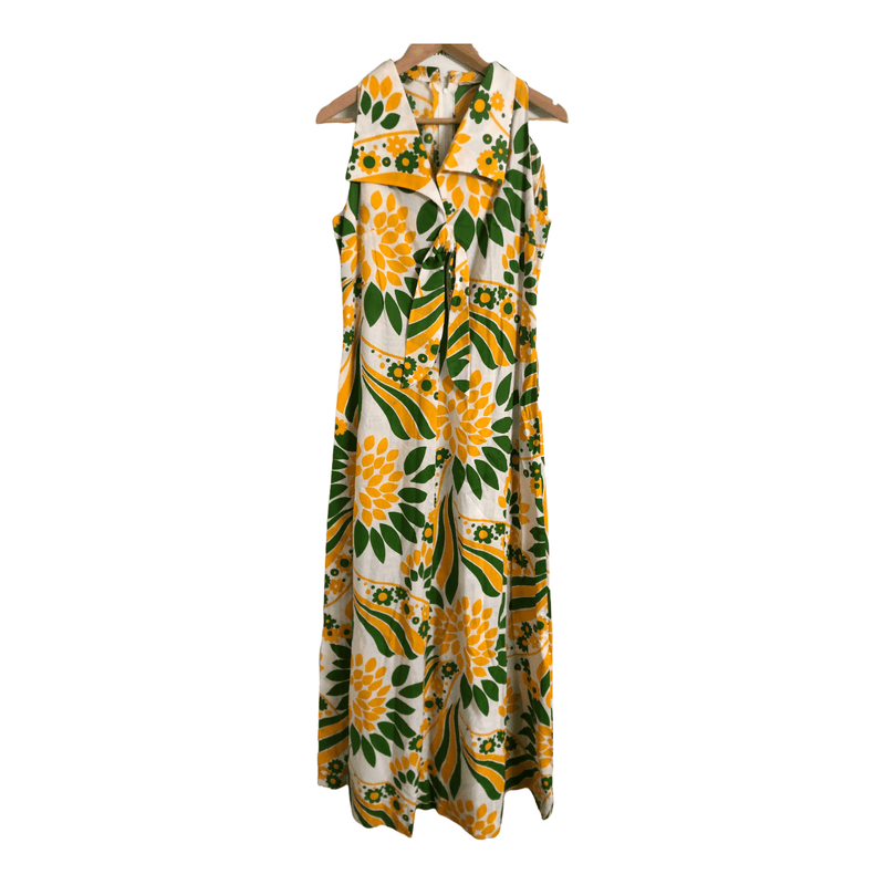 Vintage 70s Shampers Cotton Sleeveless A-Line Shirt Maxi Dress White Yellow Green Blue Floral Print UK Size 14 - Ava & Iva
