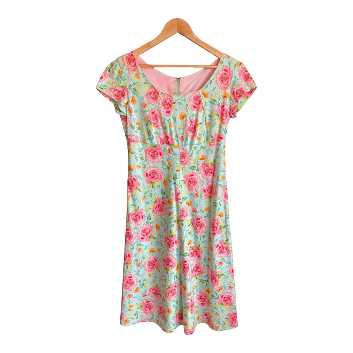 Vintage Cotton Mint Green Floral Capped Sleeved Dress UK Size 12 - Ava & Iva