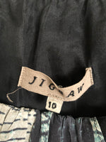 Jigsaw 100% Silk Short Sleeve Empire Dress Blue Grey/White Block Print UK Size 10 - Ava & Iva
