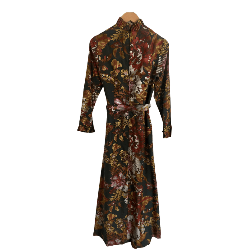 Vintage Camilla of Copenhagen Est. Viscose Long Sleeve Ruffled Fit & Flare Maxi Dress Black Multi Block Circle Print UK Size 10 - Ava & Iva