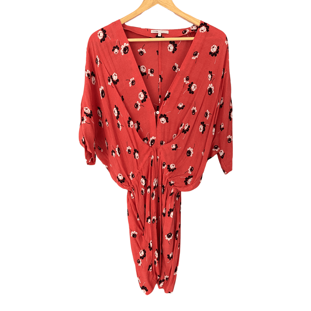 Maje Raspberry Red Flower Print Dress Size 3 / FR40 / UK Size 12 - Ava & Iva
