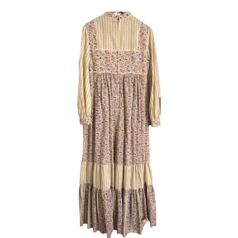 Unbranded Vintage Cotton Long Sleeve Maxi Dress Cream Purple Multi Floral Print UK Size 10-12 - Ava & Iva