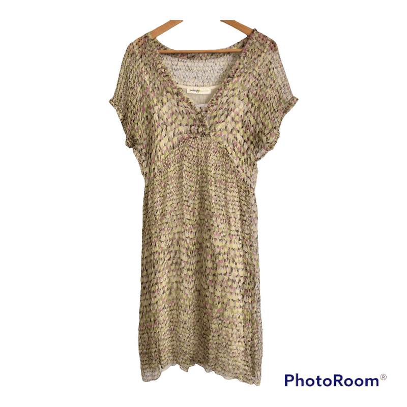 ottod'Ame 100% Silk Chiffon Short Sleeved Summer Midi Dress Multicolour Print w/ Underslip UK Size 10 - Ava & Iva