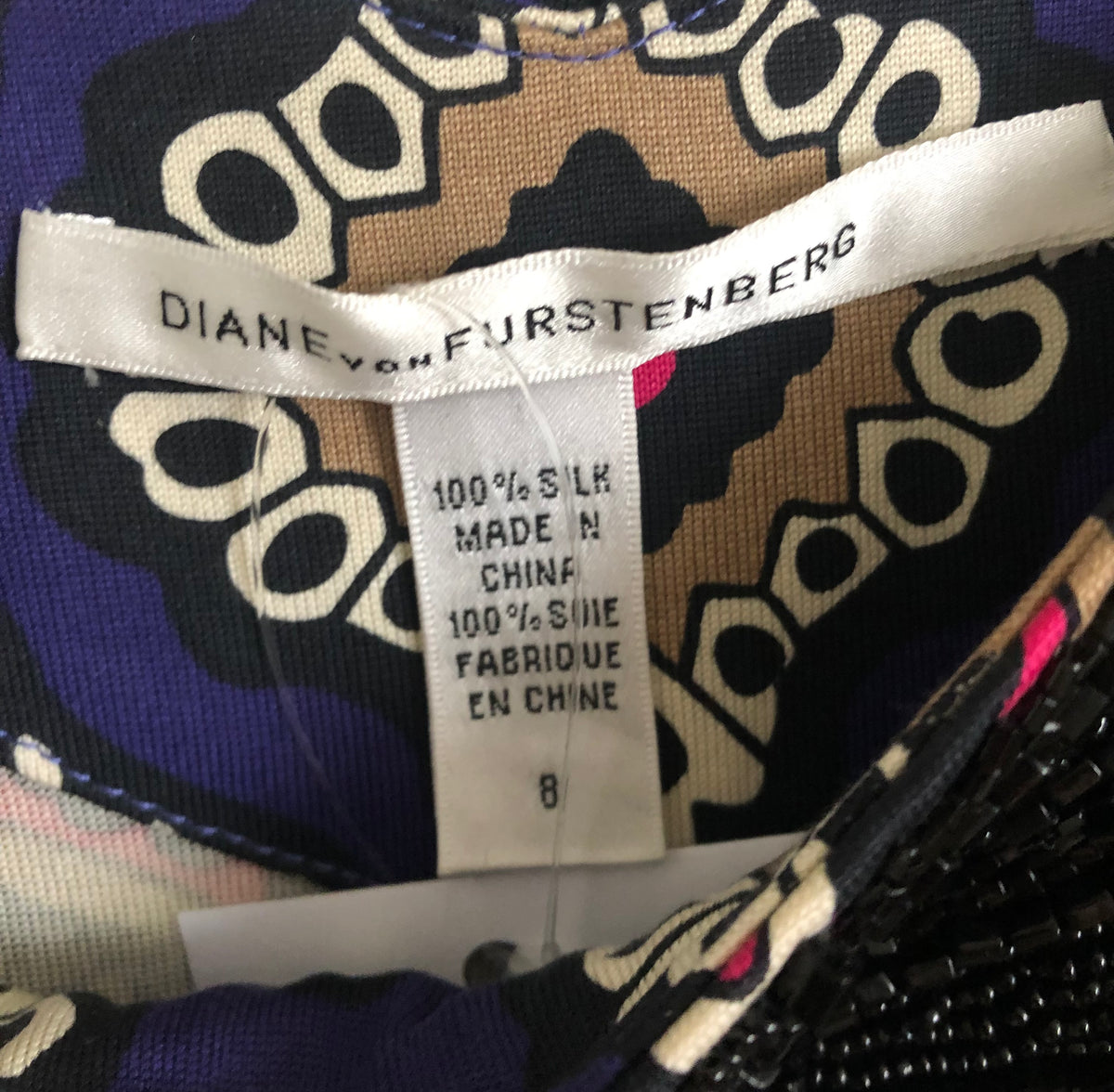 DVF 100% Silk Sleeveless Beaded Shift Dress Blue Multi Geometric Print S UK Size 8-10 - Ava & Iva