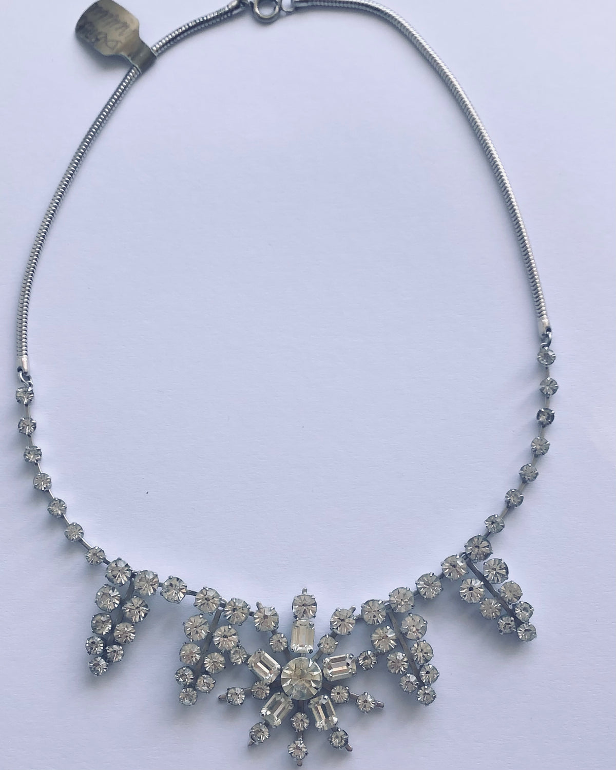 Vintage Silver Tone Single Strand Drop Starburst Necklet Necklace w/ Cut Zirconia Stones - Ava & Iva