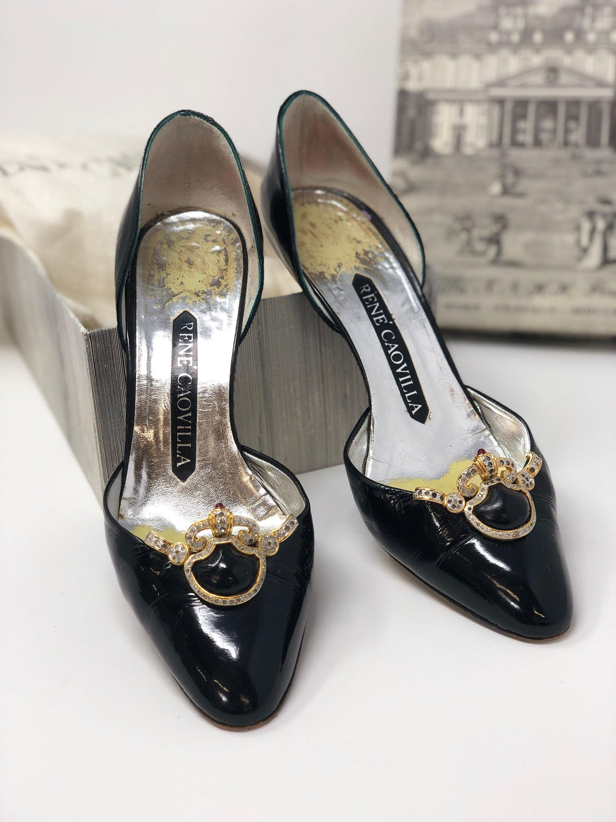 Rene Caovilla Black Patent Leather Heels with Gold Diamante Detail Size 5.5 (UK3.5) - Ava & Iva