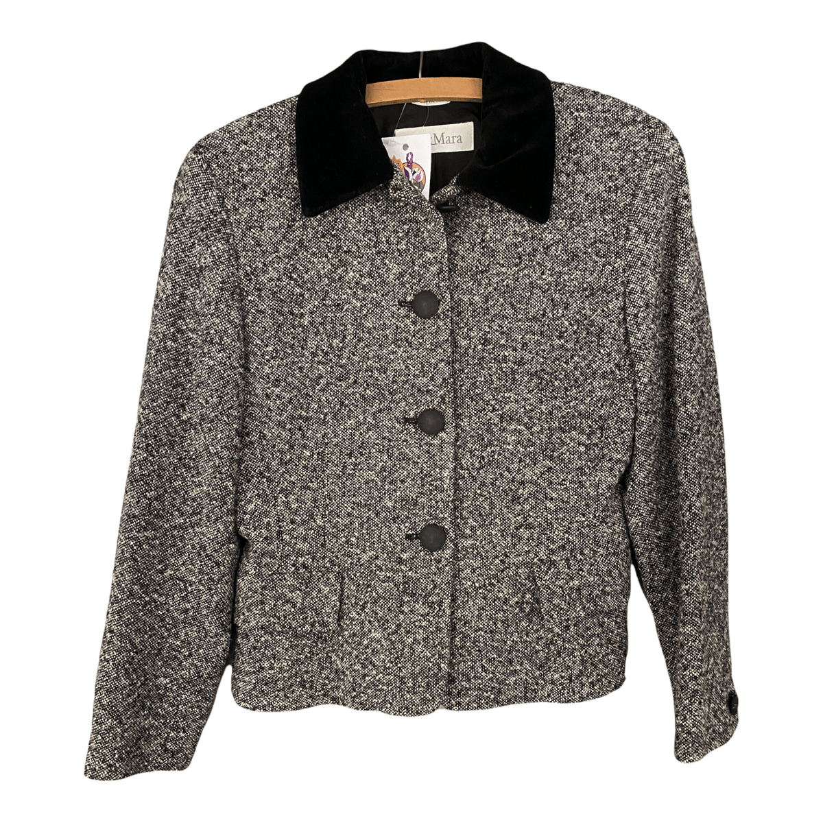 Max Mara Charcoal Grey Tweed Jacket with Velvet Collar UK Size 8 - Ava & Iva