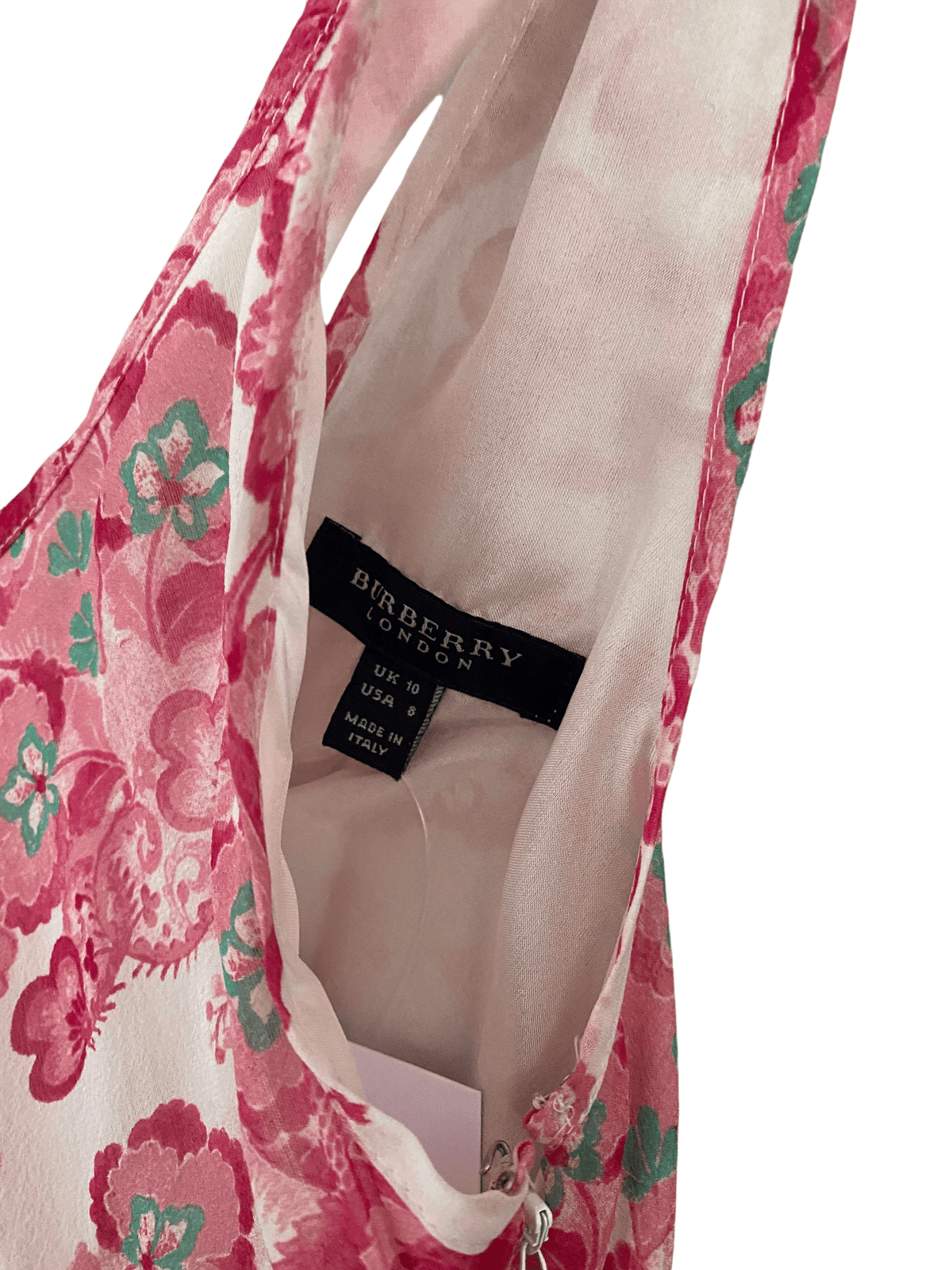 Burberry Pink Floral 100% Silk Summer Dress with Satin Belt Size 10 - Ava & Iva