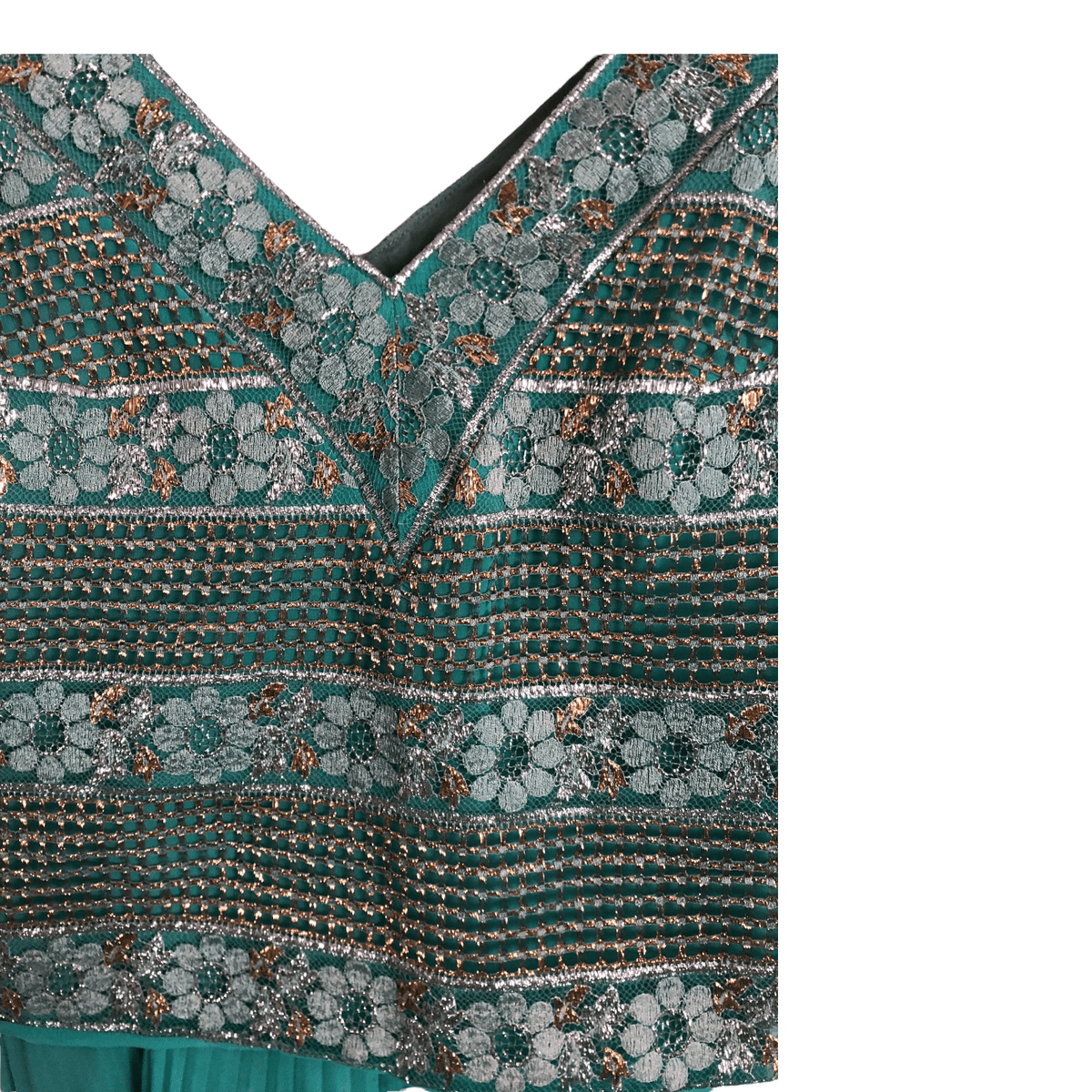 Emma Somerset Vintage 100% Silk Sleeveless Evening Gown Maxi Dress Floral Embroidered Emerald Green Metallic UK Size 12-14 - Ava & Iva