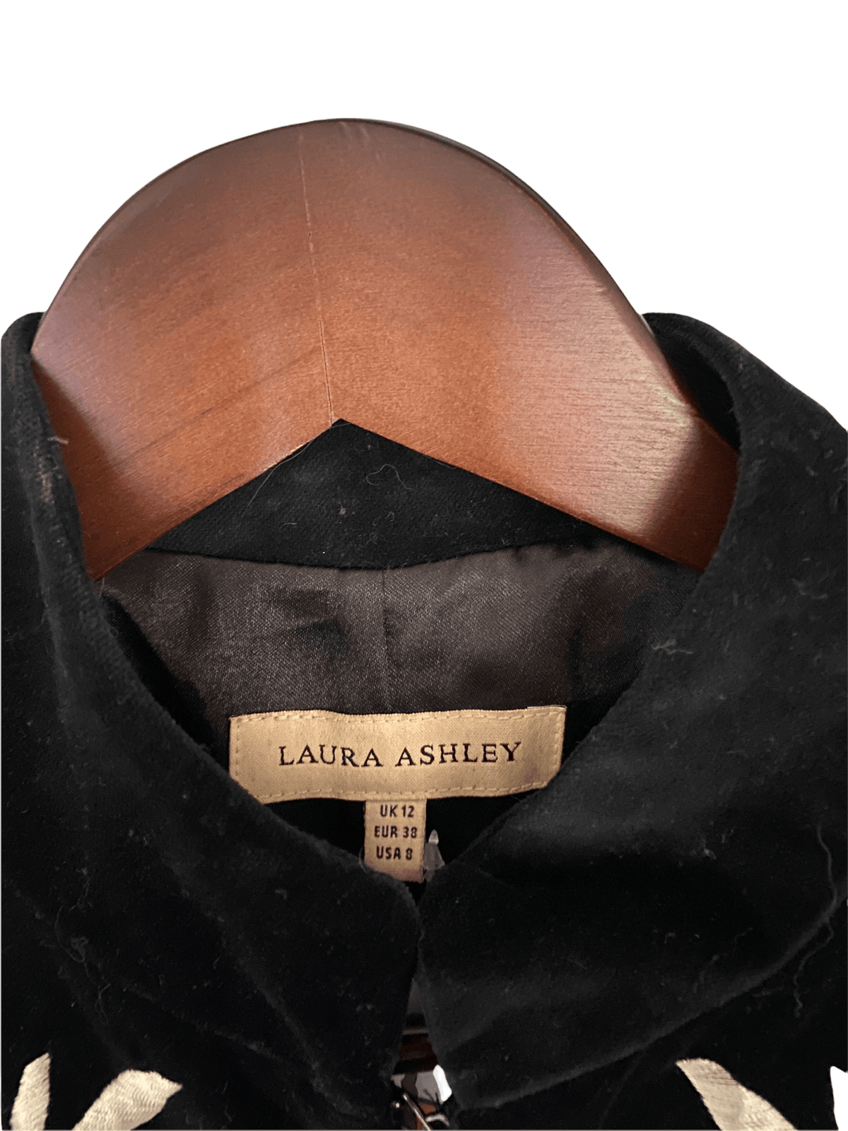 Laura Ashley Full Length Black Velvet Coat with Embroidered Flowers UK Size 12 - Ava & Iva