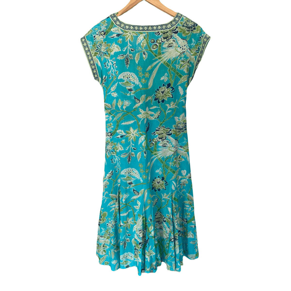 East Artisan with Anokhi 100% Cotton Cap Sleeve Dress Blue and Green Print UK Size 8 - Ava & Iva