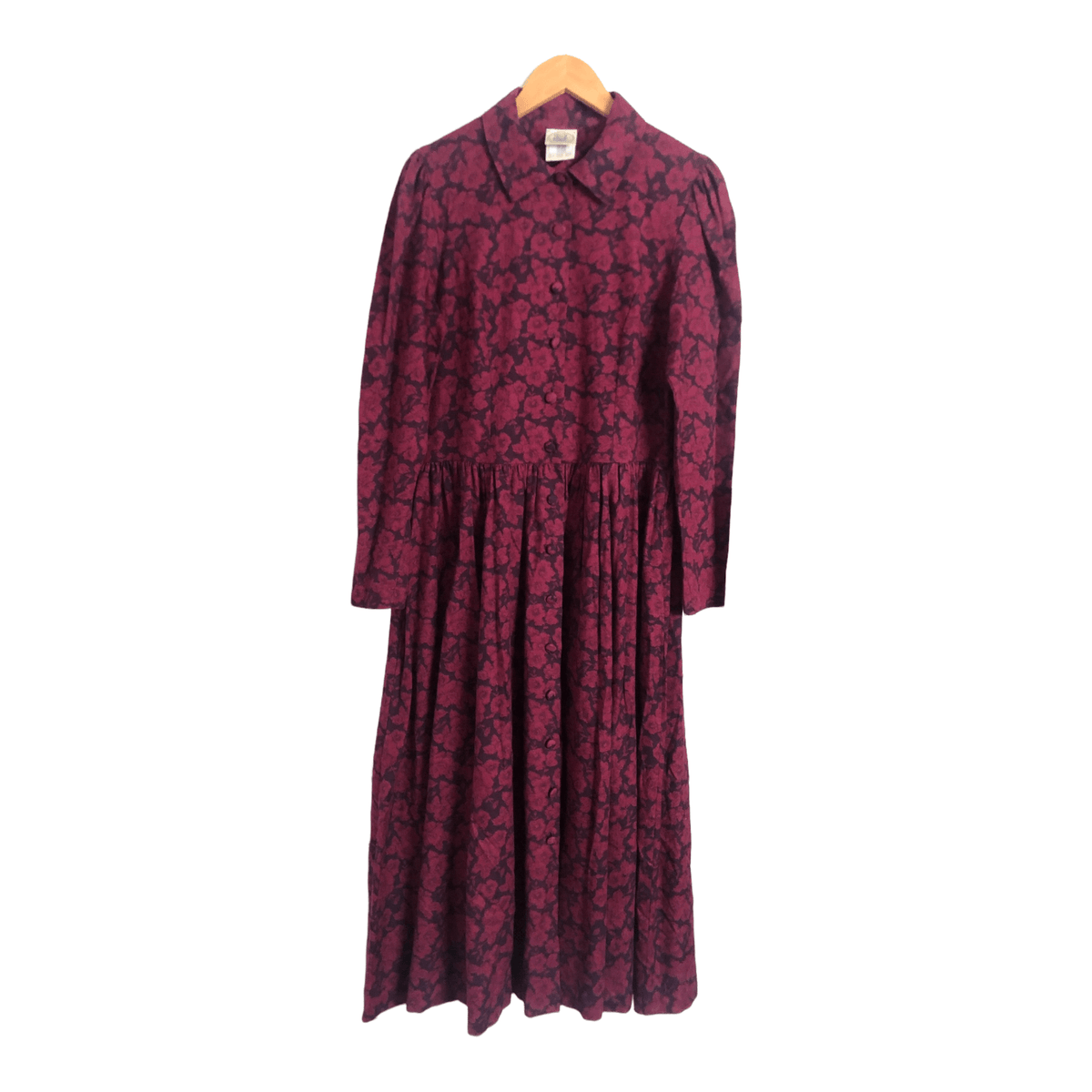 Laura Ashley Vintage Cotton Blend Long Sleeve Shirt Maxi Dress Dark Pink Floral Print UK Size 12-14 - Ava & Iva