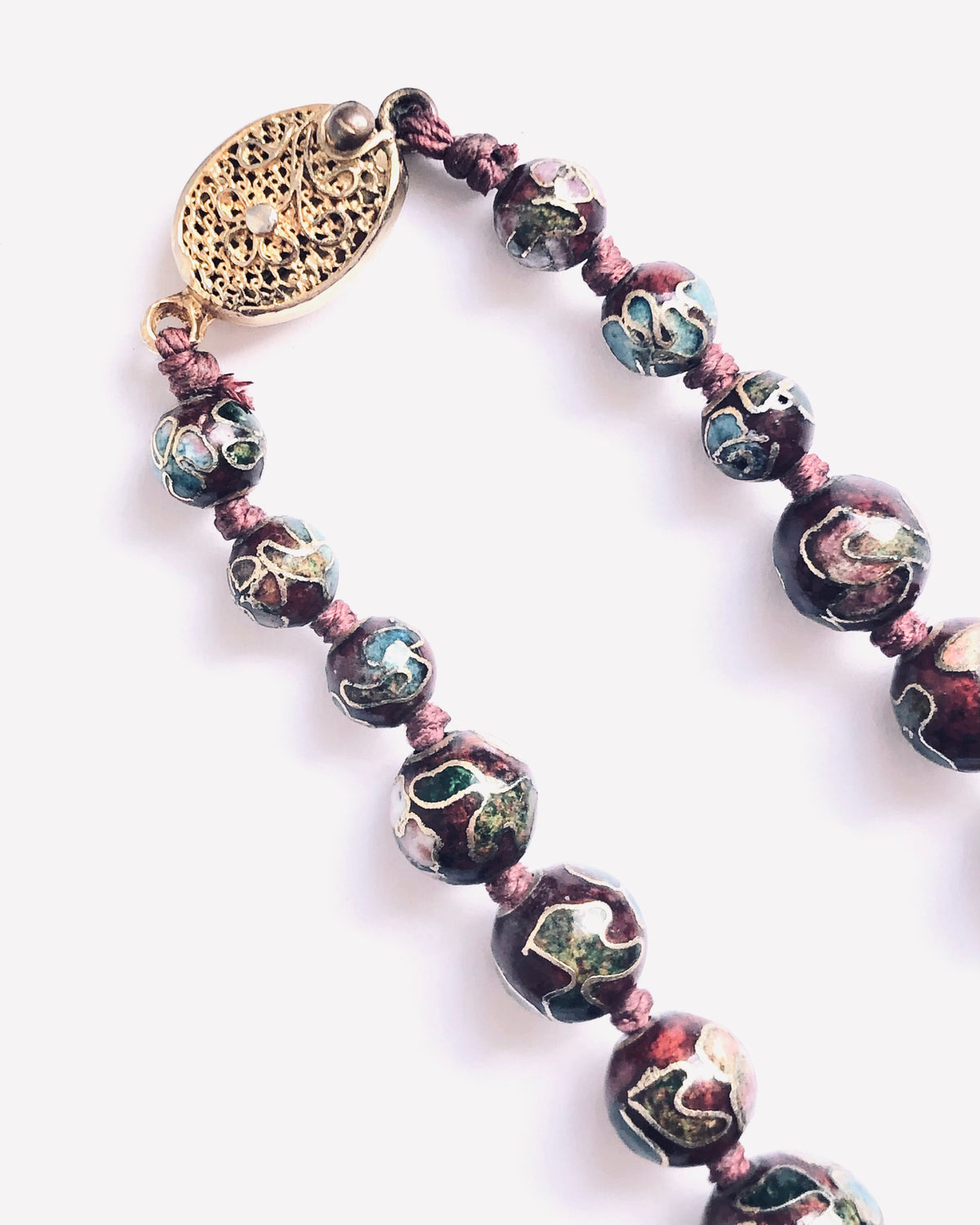 Vintage Hand Knotted Cloisonné Burgundy Red Multi Painted Enamel Bead Single Strand Necklace - Ava & Iva