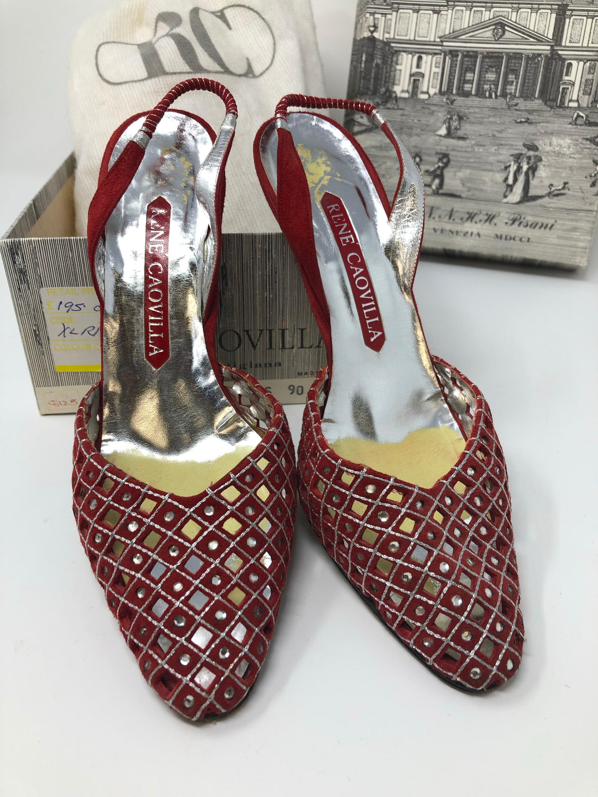 Rene Caovilla Slingback Heels Red Suede with Diamante Size 6.5 (UK4.5) - Ava & Iva