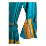 California Vintage Half Sleeve Belted Maxi Dress Evening Gown Teal Green Gold Striped S UK Size 8 - Ava & Iva