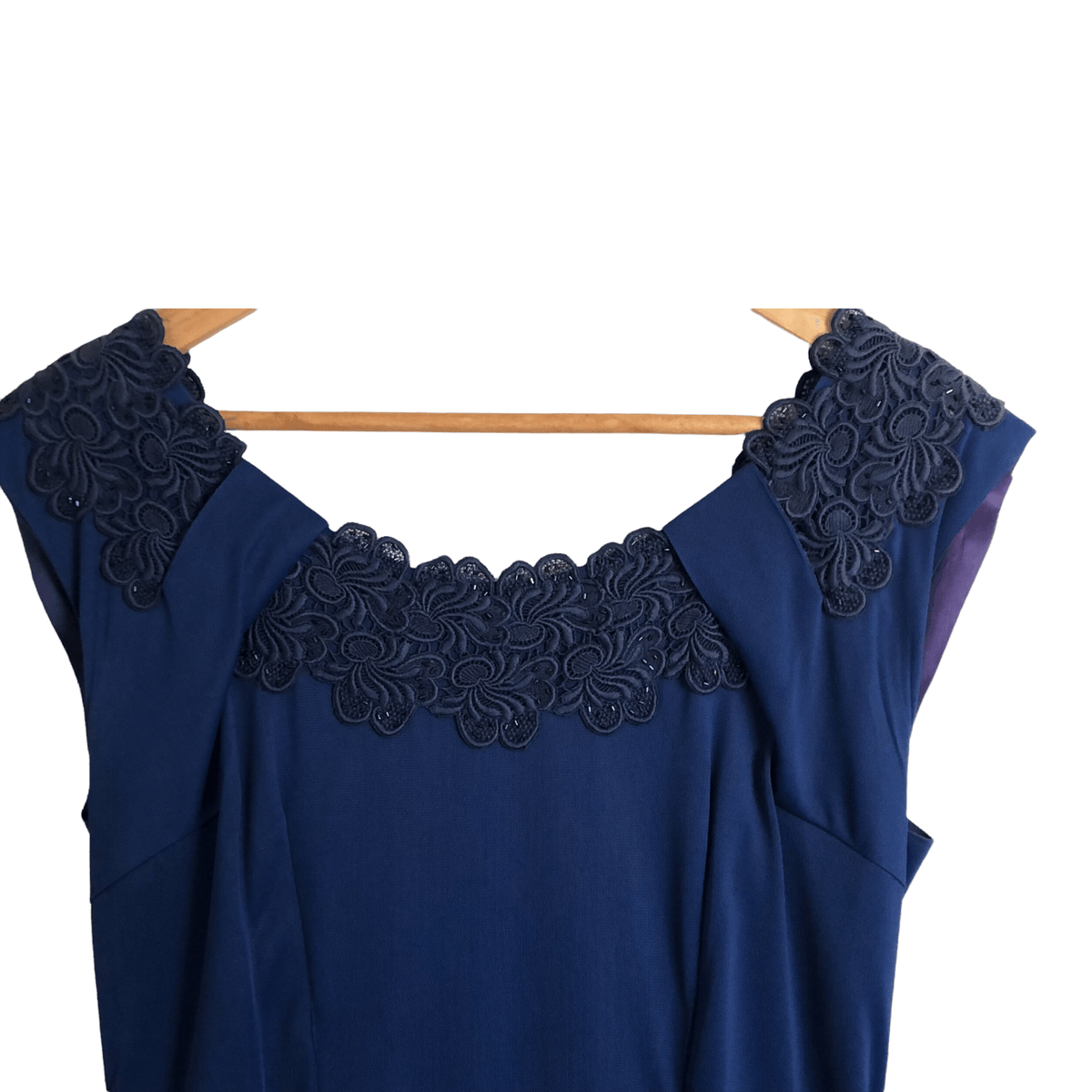 Elanjay Vintage Est. Polyester Cap Sleeve Evening Cocktail Midi Dress Navy Blue Embellished UK Size 14-16 - Ava & Iva