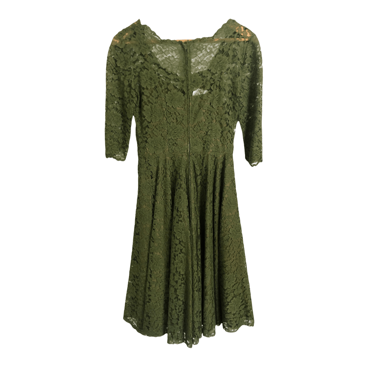 Unbranded Vintage Style 3/4 Sleeve Lace Guipure Midi Dress w/Satin Slip Olive Green S UK Size 8-10 - Ava & Iva