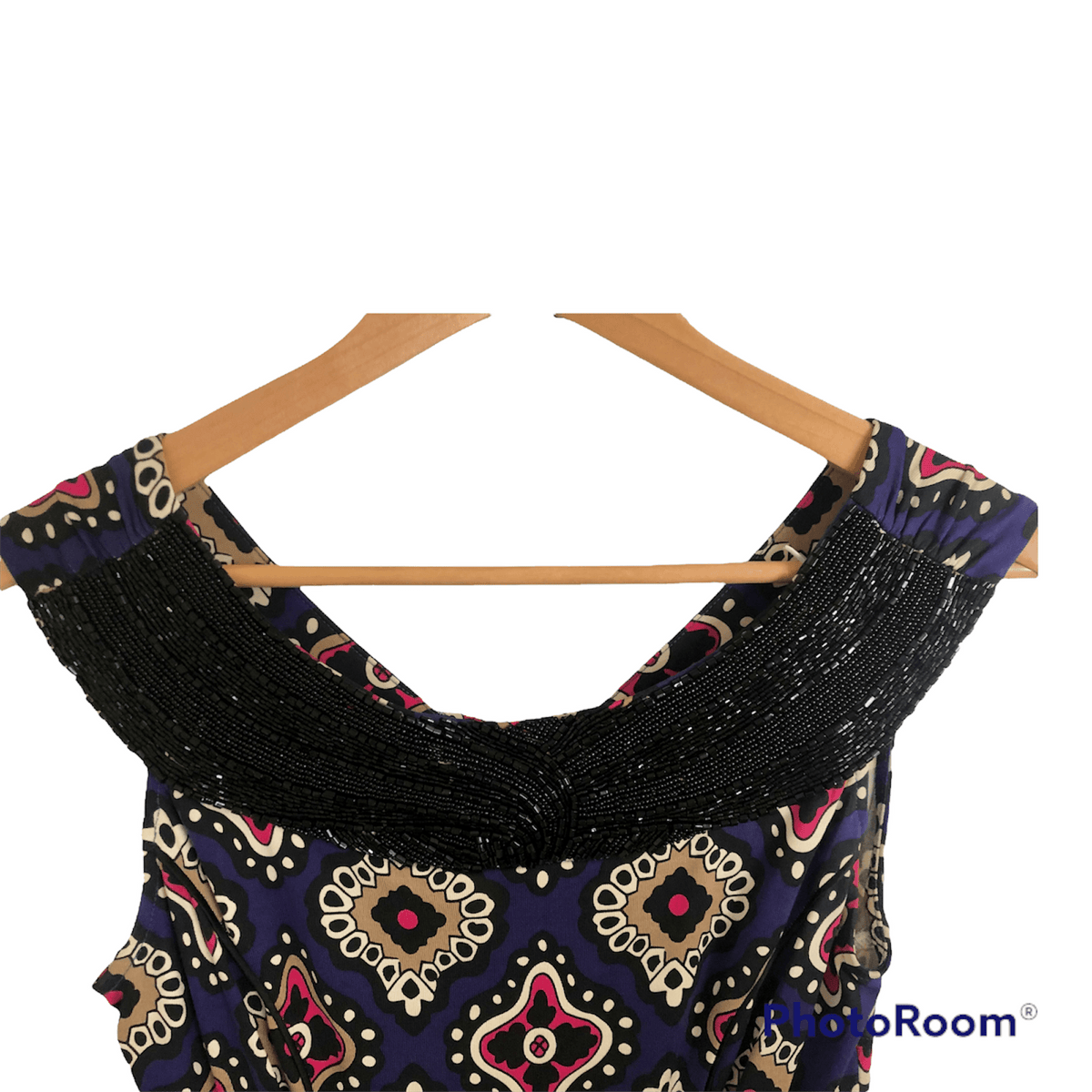 DVF 100% Silk Sleeveless Beaded Shift Dress Blue Multi Geometric Print S UK Size 8-10 - Ava & Iva