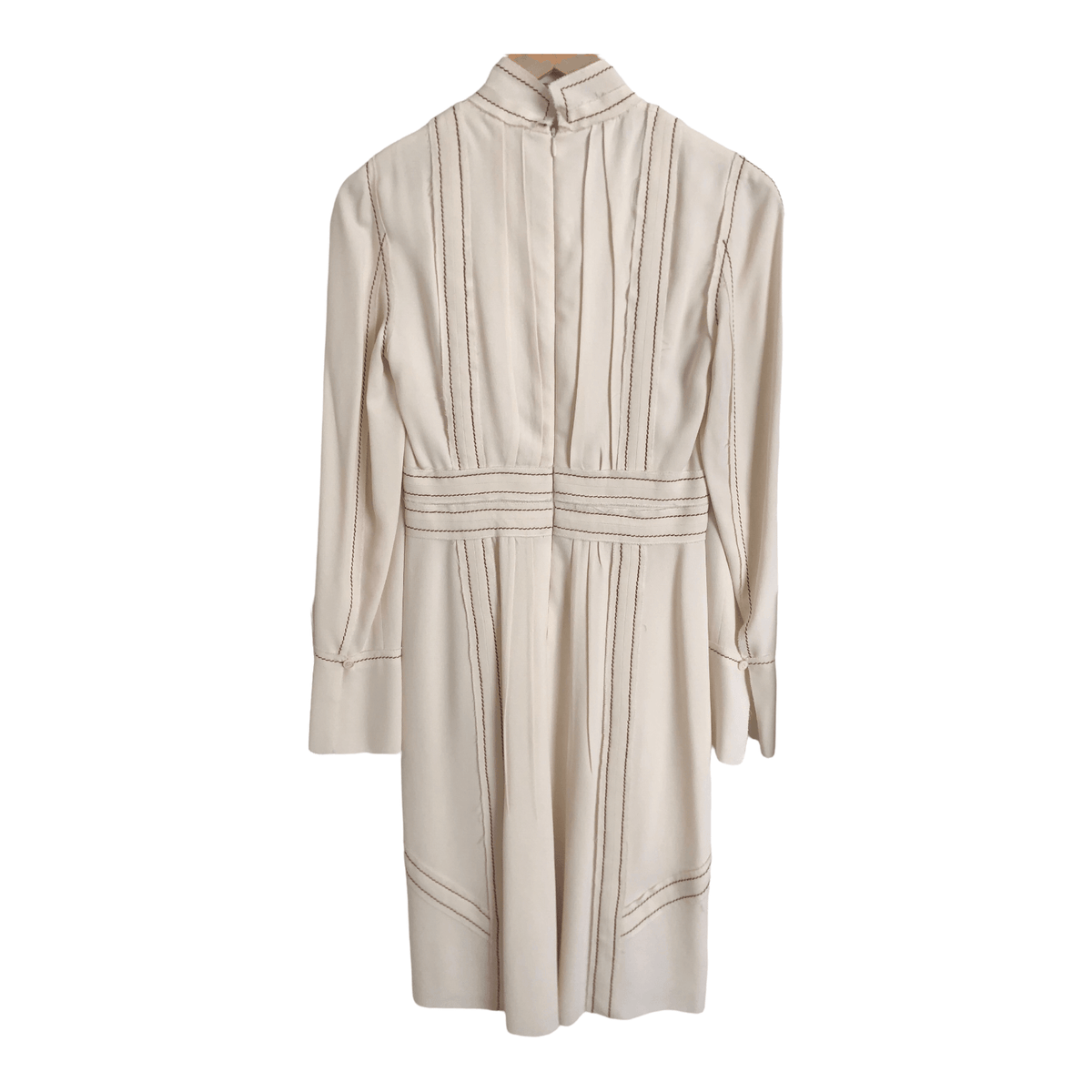 Prada Milano Silk Crepe Long Sleeve Designer RUNWAY Midi Dress Cream Brown UK Size 6-8 - Ava & Iva
