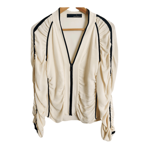 Amanda Wakeley 100% Silk Ruched Zip-up Cardigan Jacket Ivory Ecru Cream Black UK Size 12 - Ava & Iva