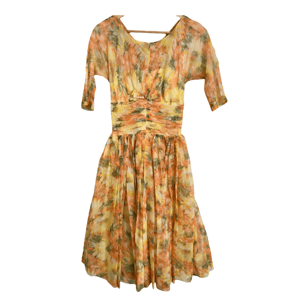 Unbranded Vintage 1950s Chiffon Half Sleeve Summer Dress Orange Multi Floral Print XS UK Size 6-8 - Ava & Iva