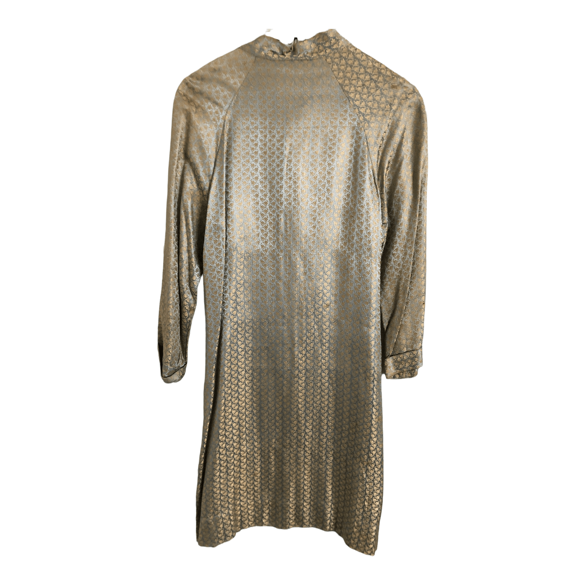 Unbranded Metallic Brocade Jacquard 3/4 Sleeve Tie-Neck Shift Dress Light Blue-Green Gold Floral Print UK Size 14 - Ava & Iva