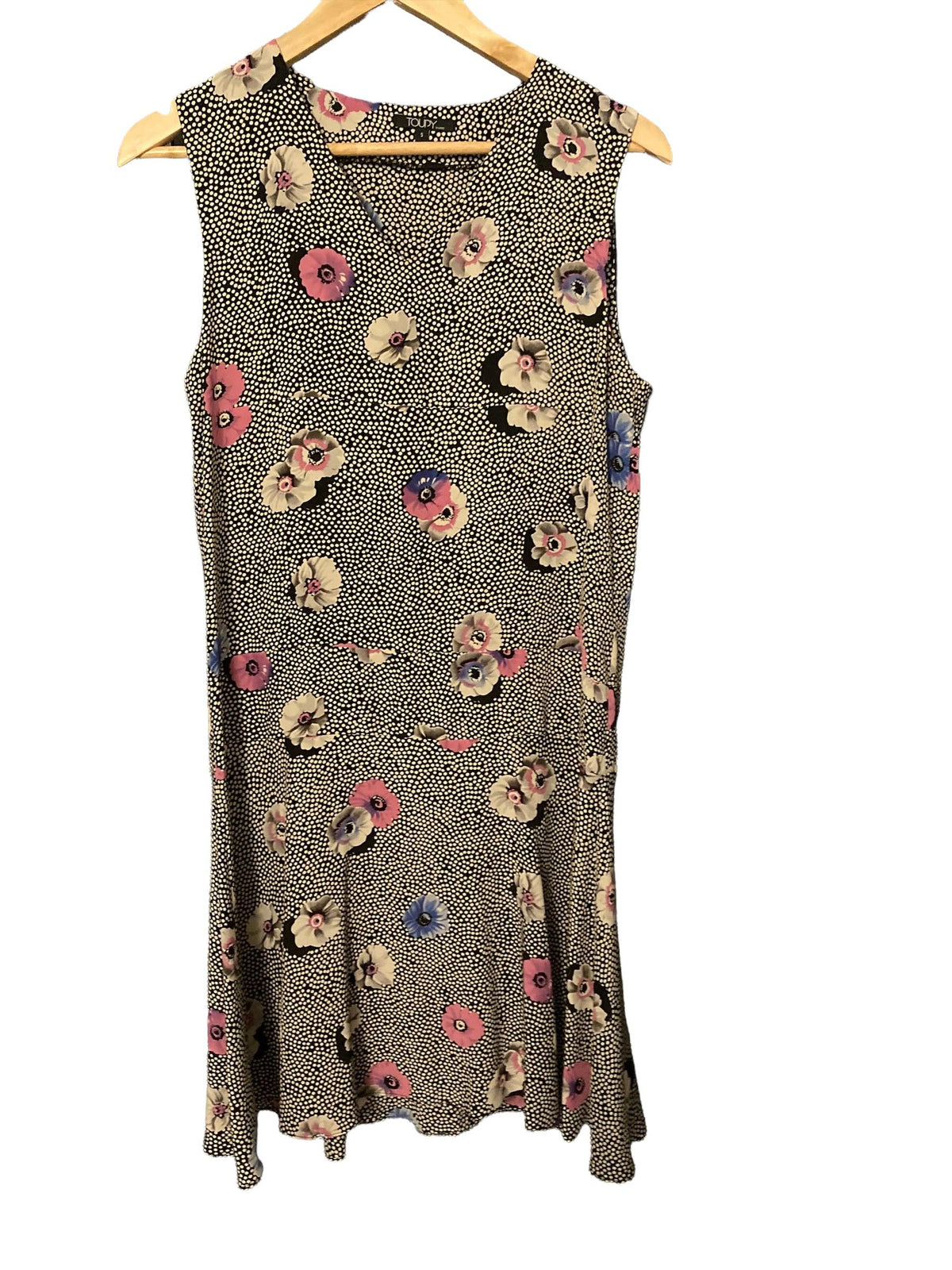 Toudy Silk Black/White Spotty with Floral Pattern Sleeveless Dress UK Size Small - Ava & Iva