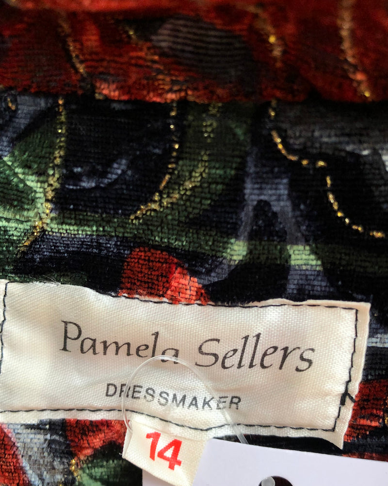 Pamela Sellers Vintage Velvet Cotton Jacket Green Red Floral Print UK Size 14 - Ava & Iva