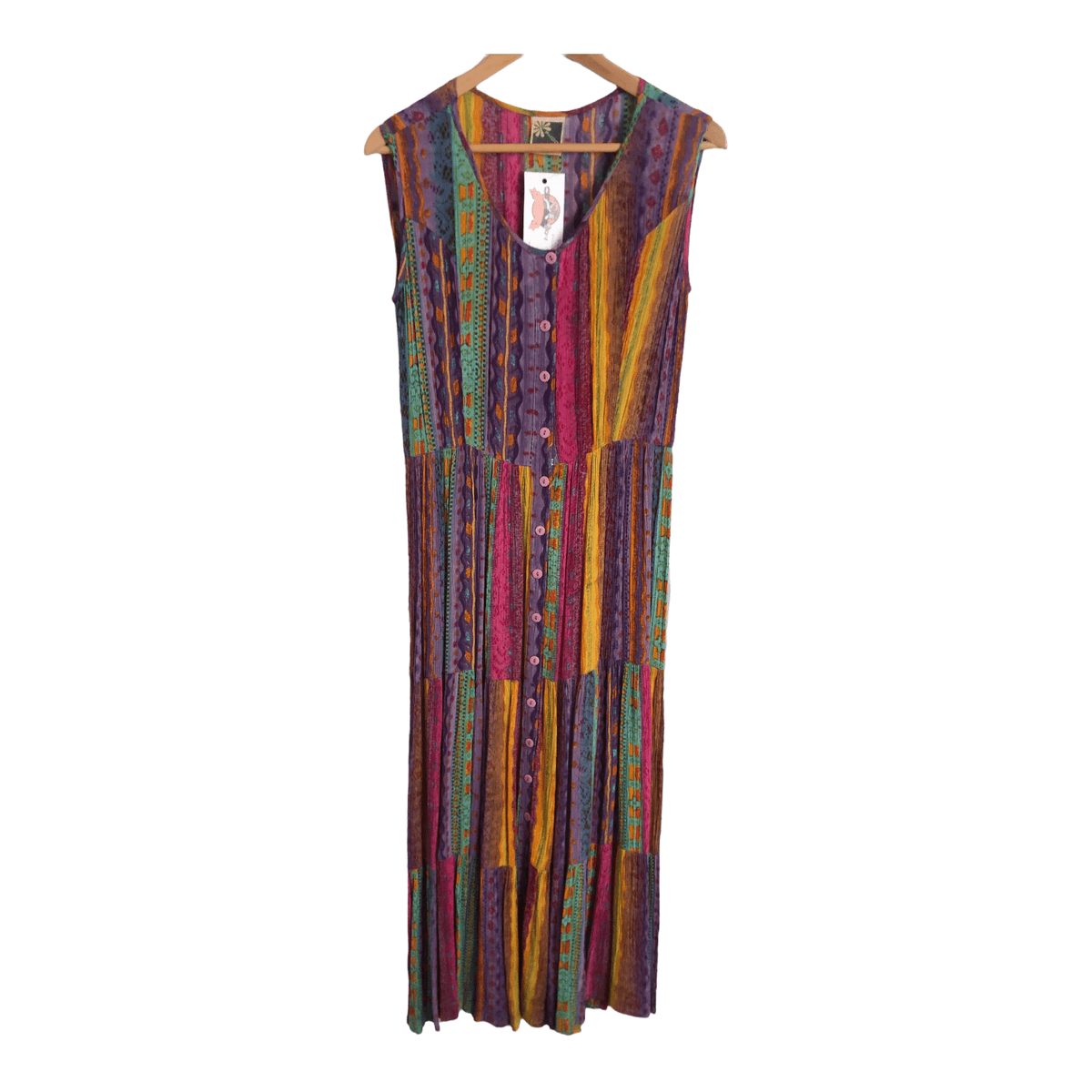 Phool 100% Viscose Sleeveless Summer Maxi Dress Rainbow Pattern w/ Tie Belt UK Size 10 - Ava & Iva