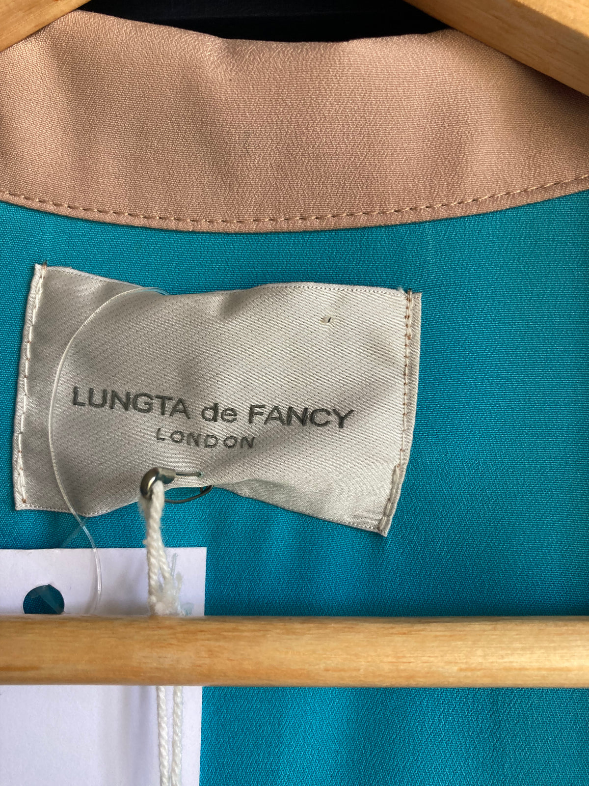 Lungta De Fancy Silk Taupe And Turquoise Long Sleeved Coat UK Size 8 - Ava & Iva