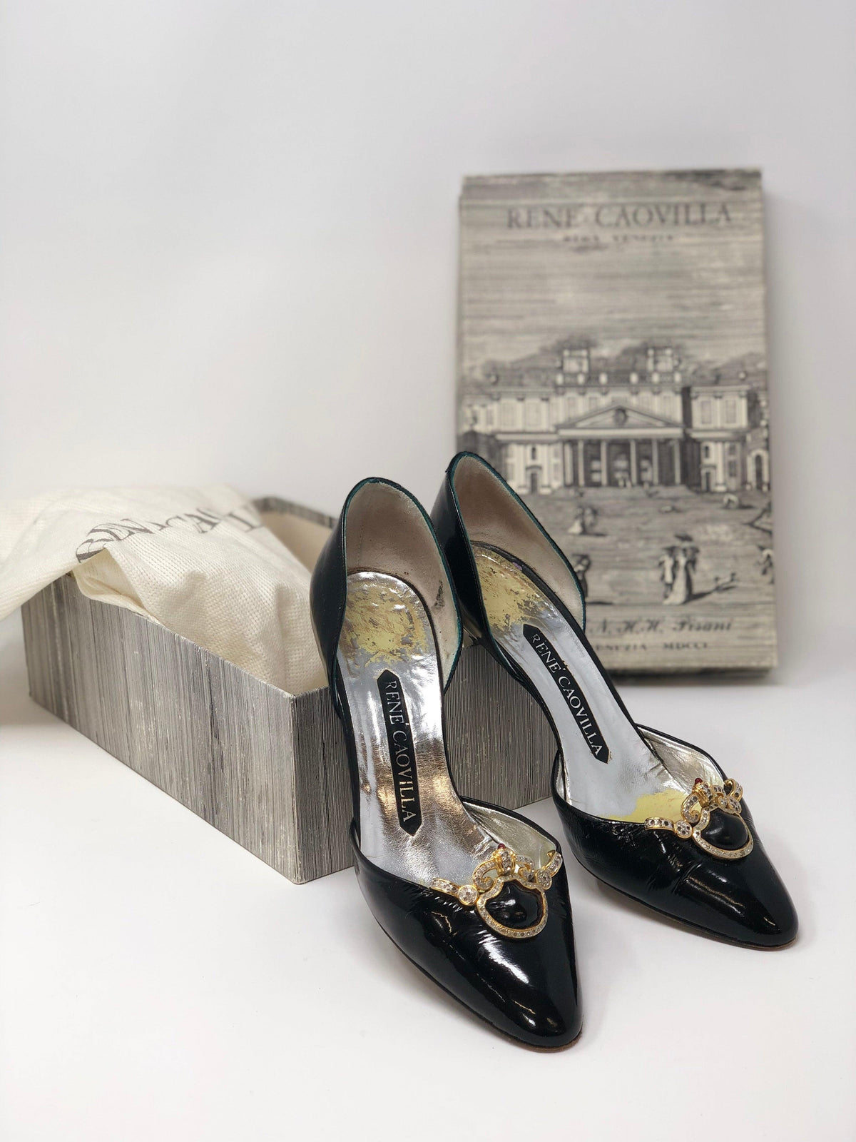 Rene Caovilla Black Patent Leather Heels with Gold Diamante Detail Size 5.5 (UK3.5) - Ava & Iva