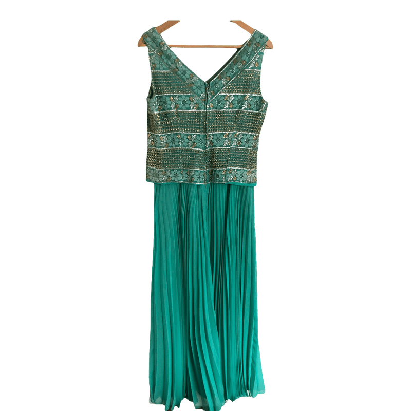 Emma Somerset Vintage 100% Silk Sleeveless Evening Gown Maxi Dress Floral Embroidered Emerald Green Metallic UK Size 12-14 - Ava & Iva