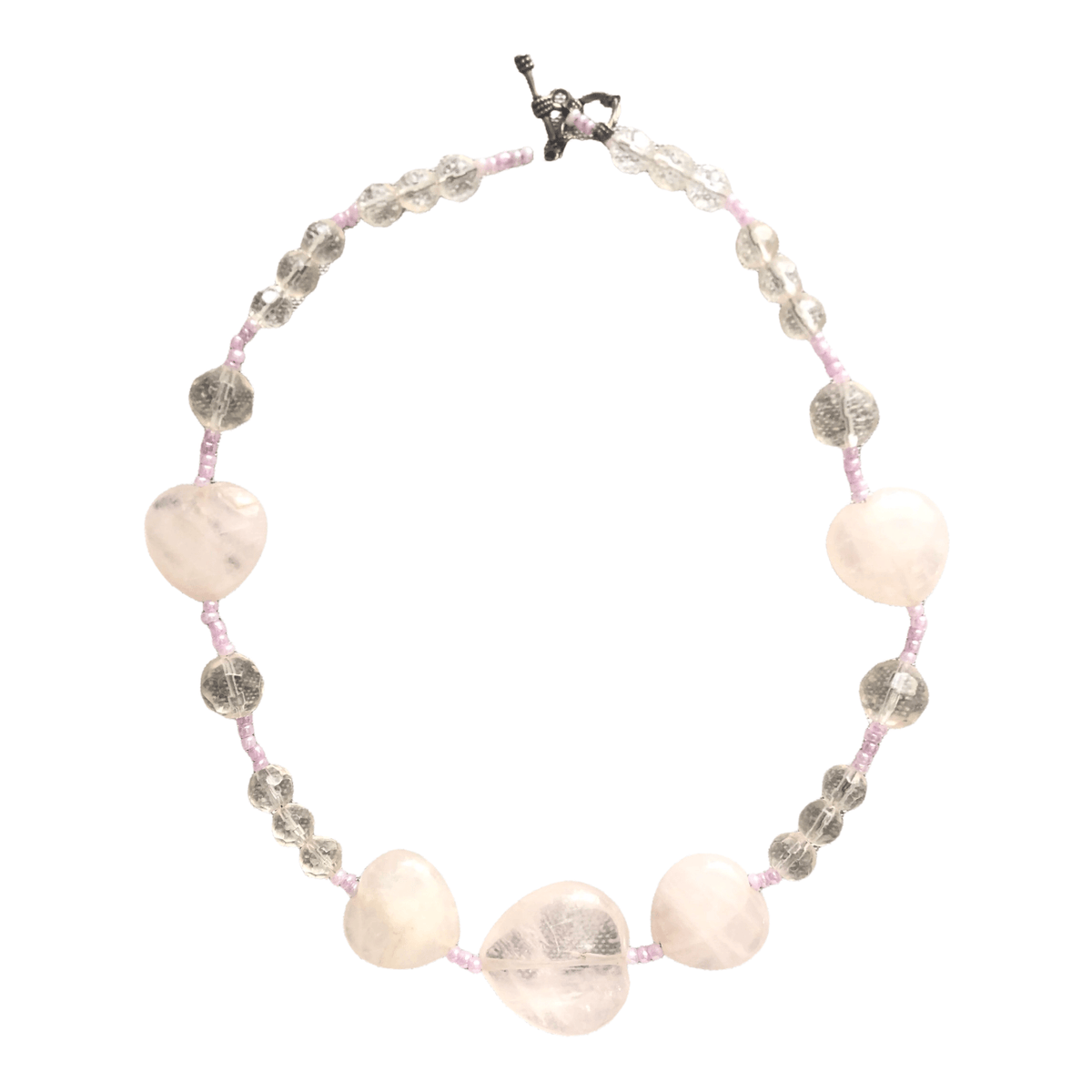 Vintage Rose Quartz Heart and Clear Quartz Crystal Stone Bead Single Strand Costume Necklet Necklace - Ava & Iva
