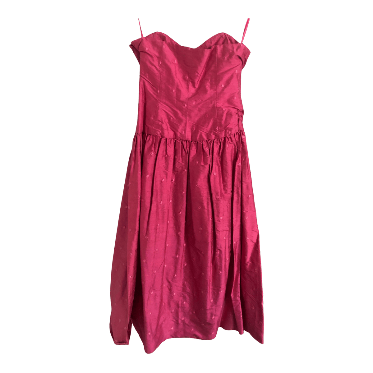 S.W.10 London Vintage 100% Raw Silk Embroidered Strapless Sleeveless Midi Cocktail Dress Pink Circle Print UK Size 10 - Ava & Iva