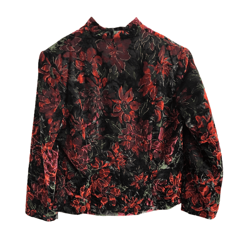 Pamela Sellers Vintage Velvet Cotton Jacket Green Red Floral Print UK Size 14 - Ava & Iva