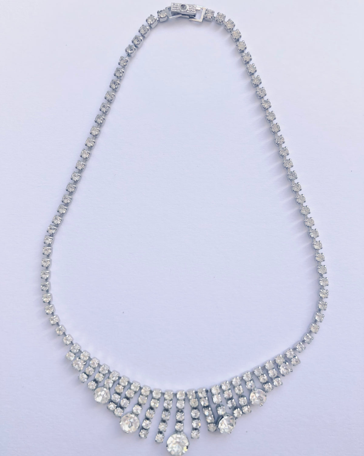 Vintage Silver Tone Single Strand Diamante Drop Necklet Necklace w/ Cut Zirconia Stones - Ava & Iva