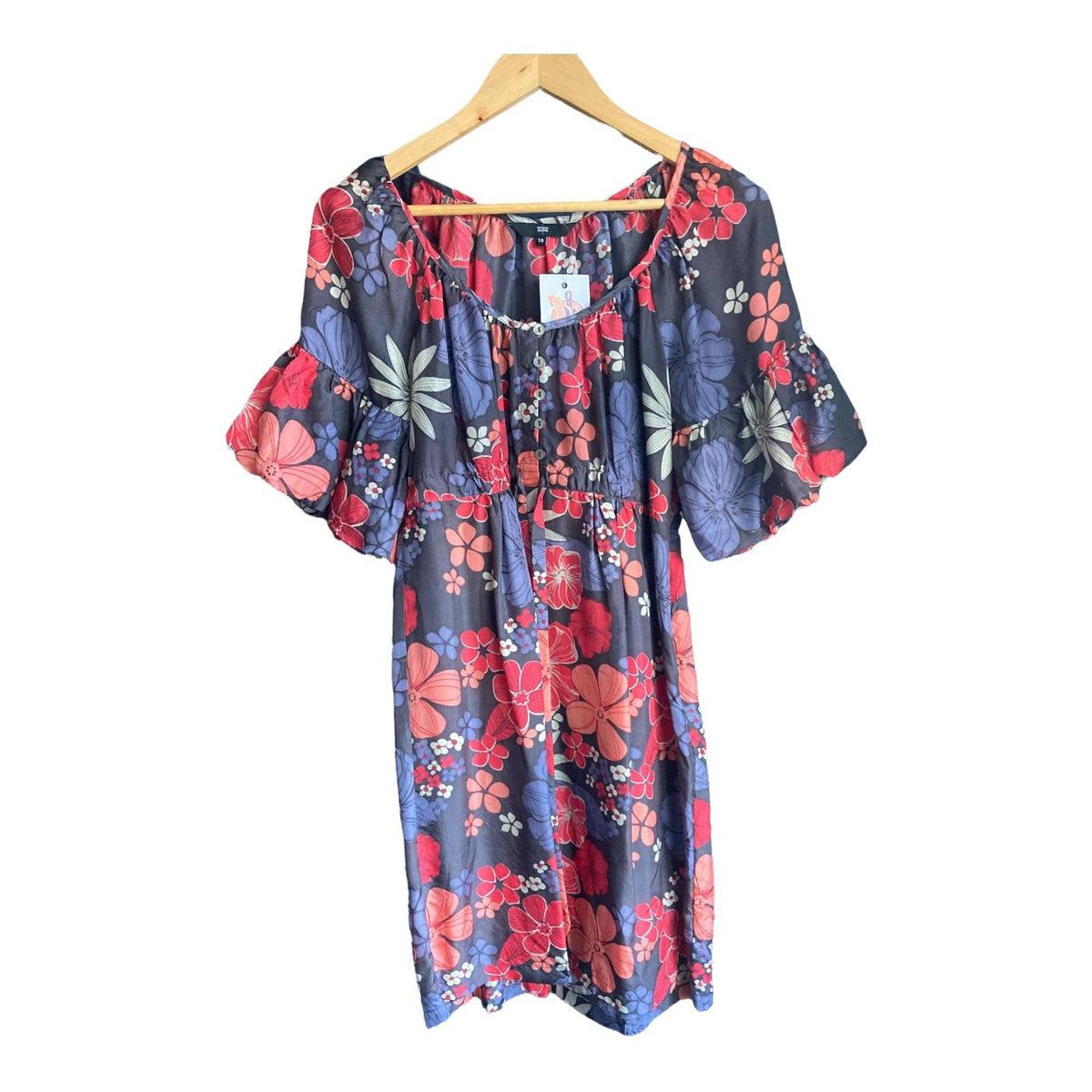 Jasper Conran Silk Black Red Coral Floral Short Bell Sleeved Dress UK Size 10 - Ava & Iva