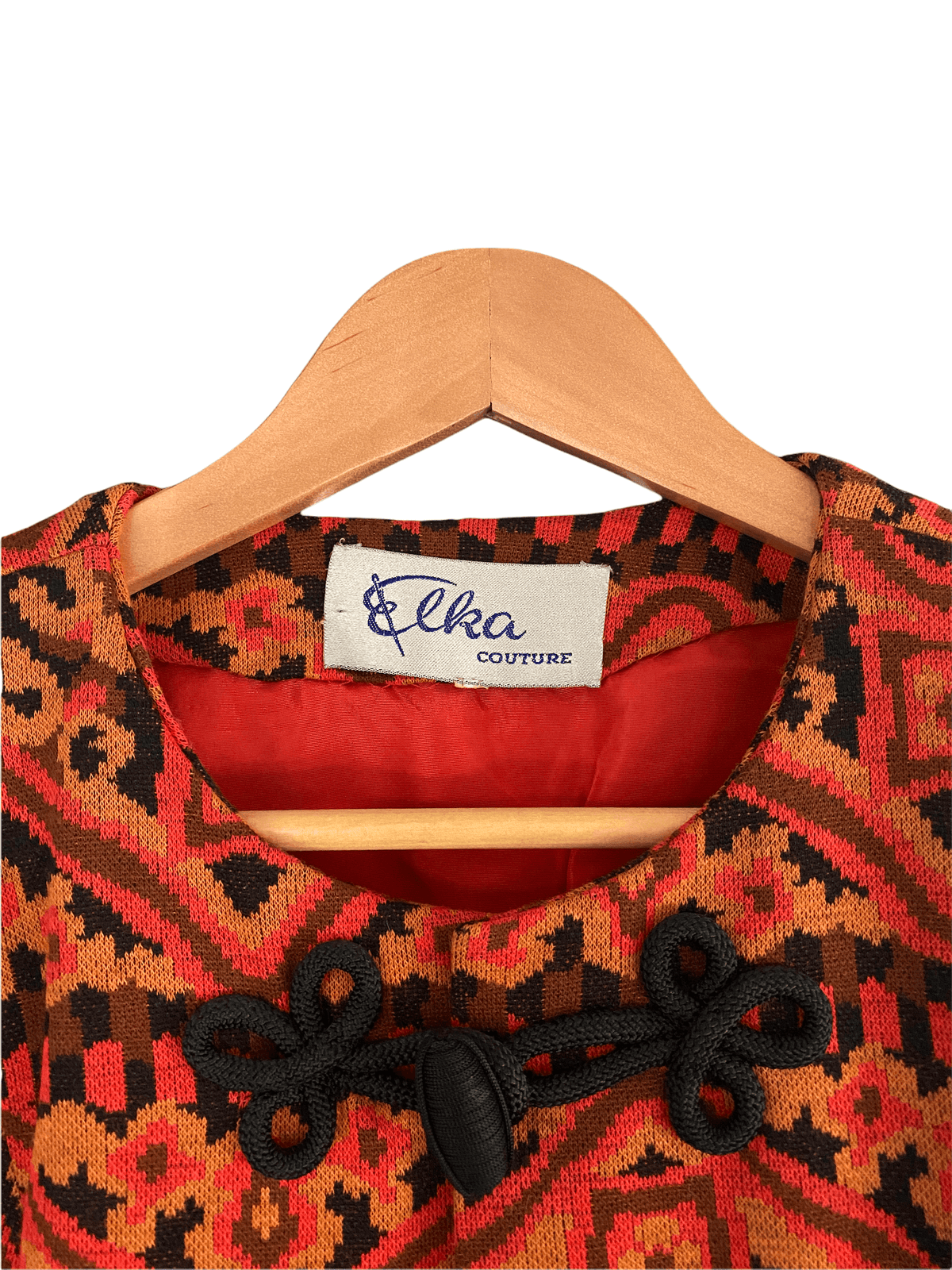 Elka Couture Vintage Coat Autumn Tones Pattern with Black Pankou Knots UK Size 14 - Ava & Iva