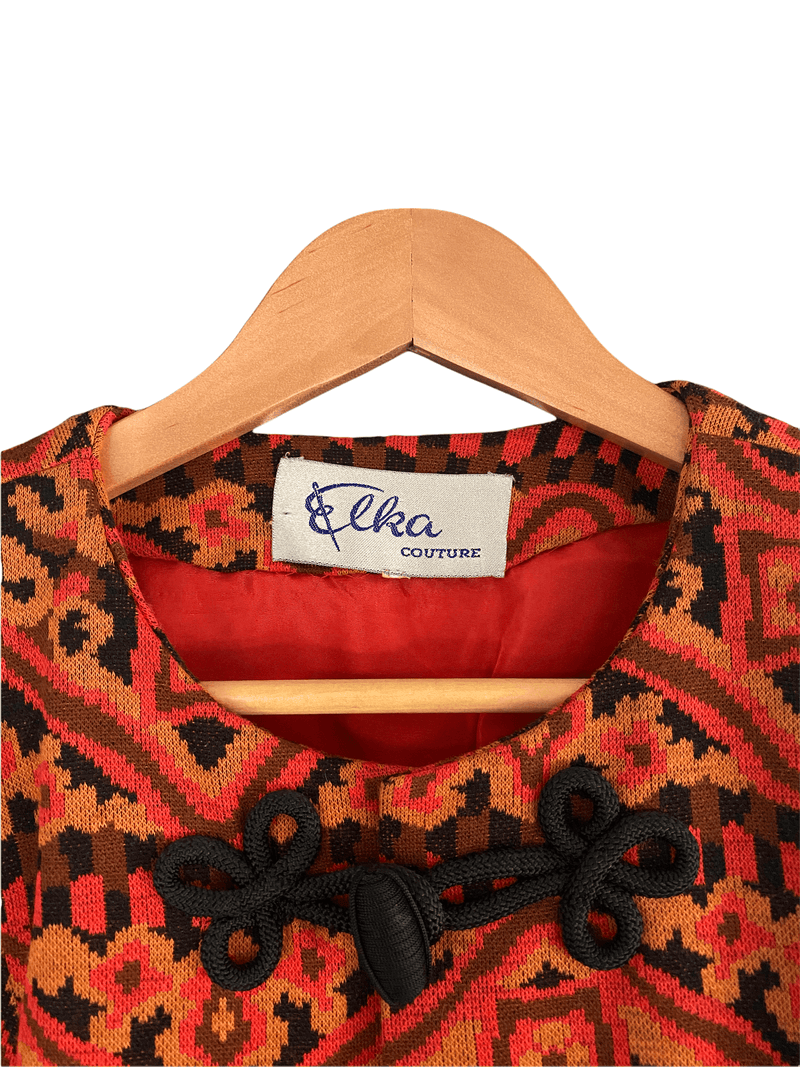 Elka Couture Vintage Coat Autumn Tones Pattern with Black Pankou Knots UK Size 14 - Ava & Iva