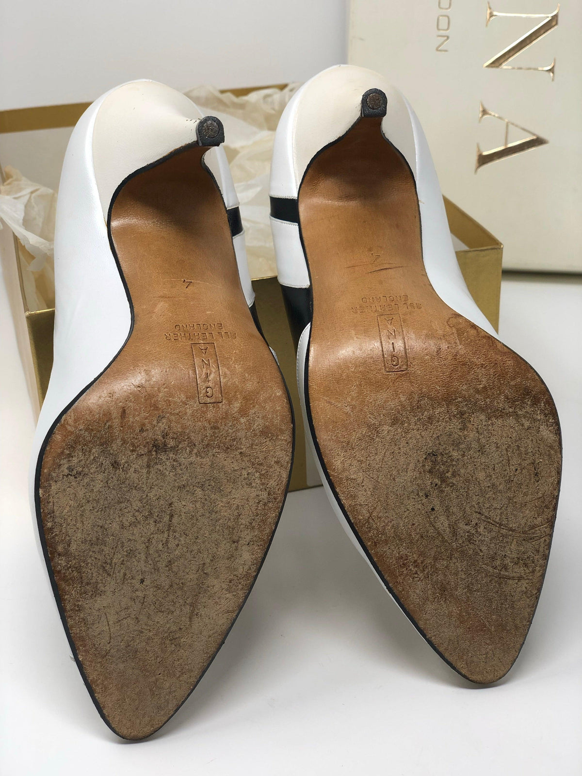 Gina Vintage Shoes White Pearl and Black Leather Heels UK4 - Ava & Iva