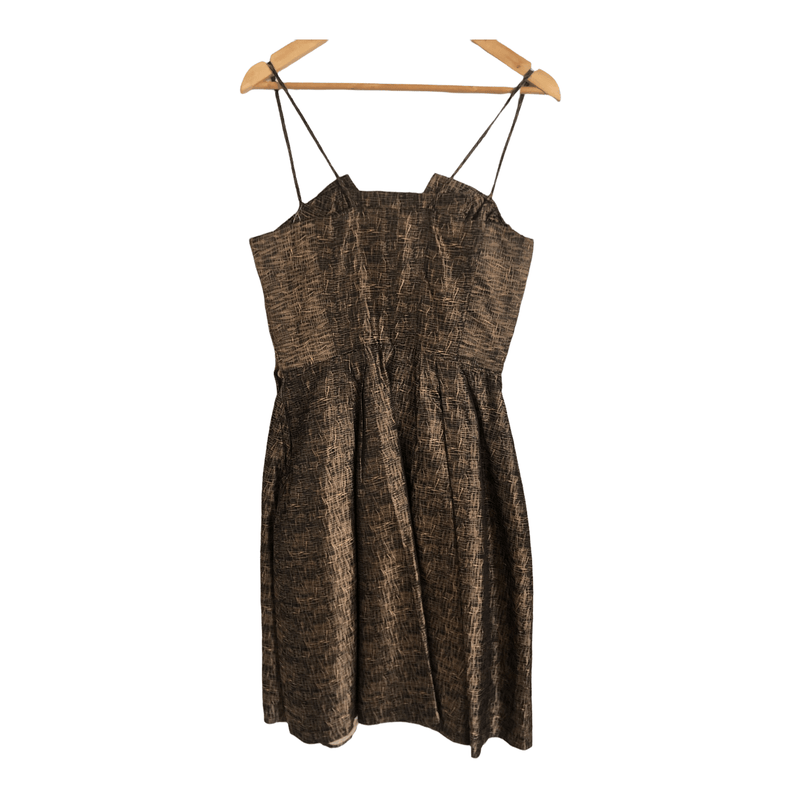 1950's Vintage Est. Polyester Sleeveless Evening Cocktail Dress Copper Brown Block Print UK Size 10 - Ava & Iva