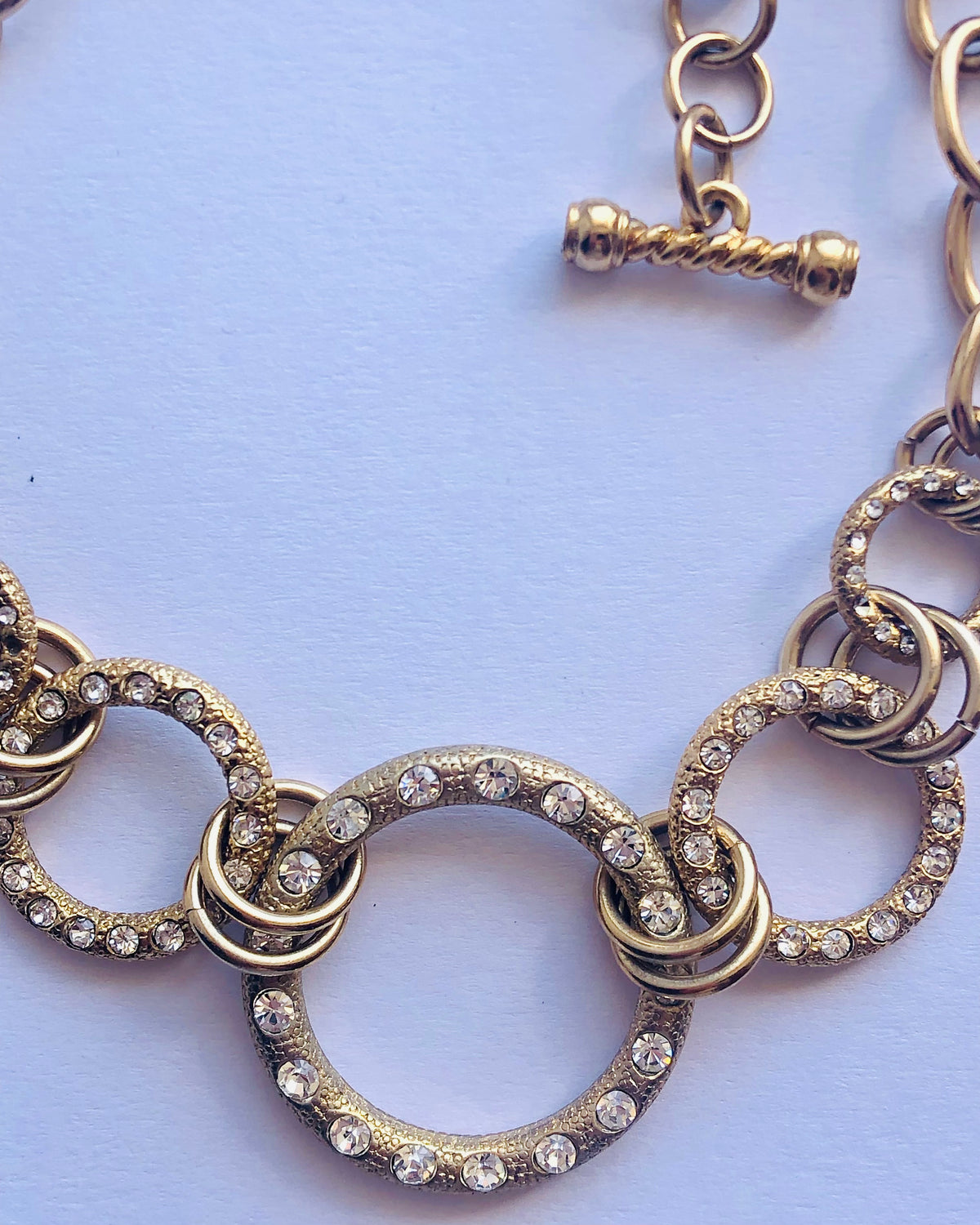 Vintage Gold Tone Single Strand Five Ring Cable Chain Necklace Inset w/ Cut Zirconia Stones - Ava & Iva