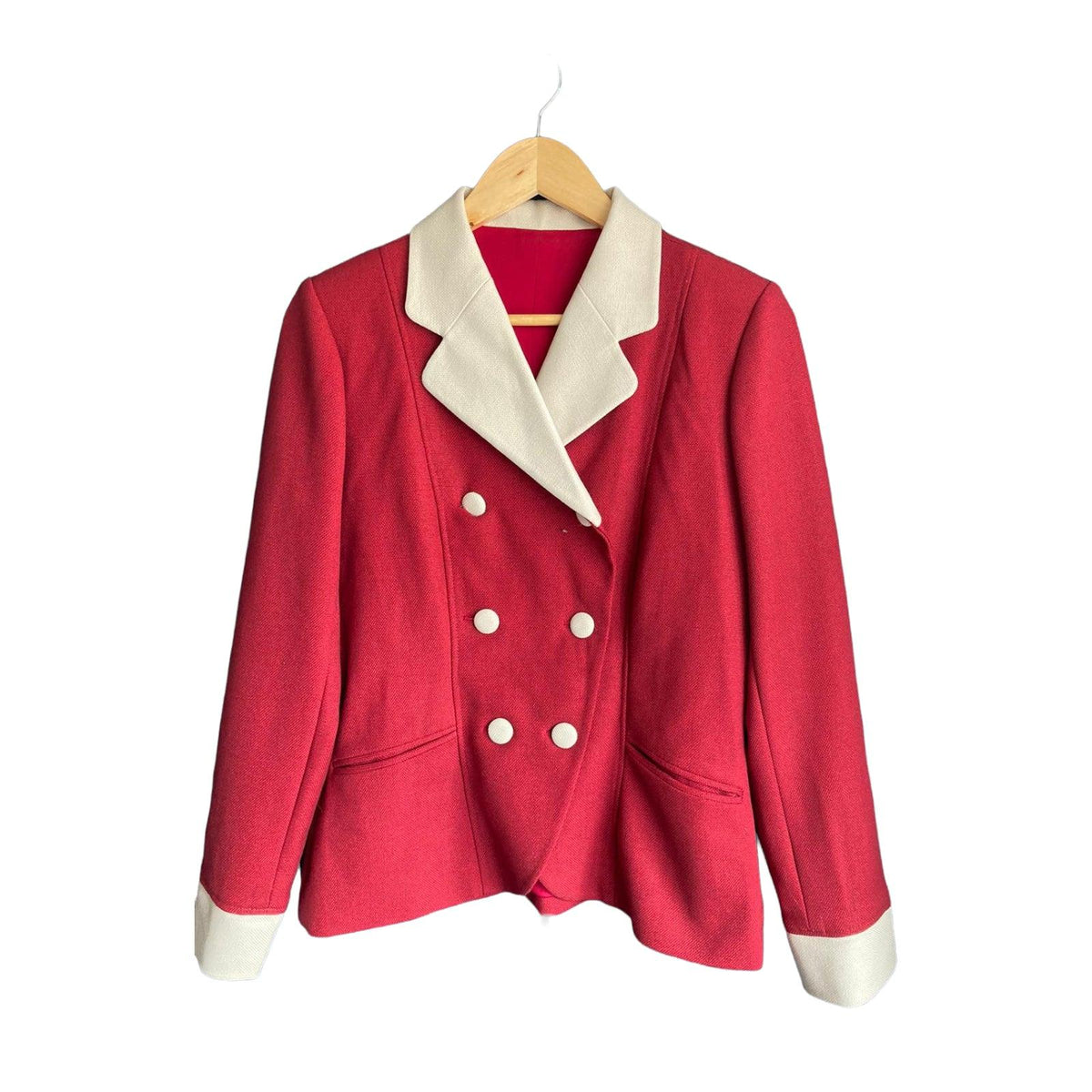 Vintage Raspberry And Cream Edged Skirt Suit UK Size 14 - Ava & Iva