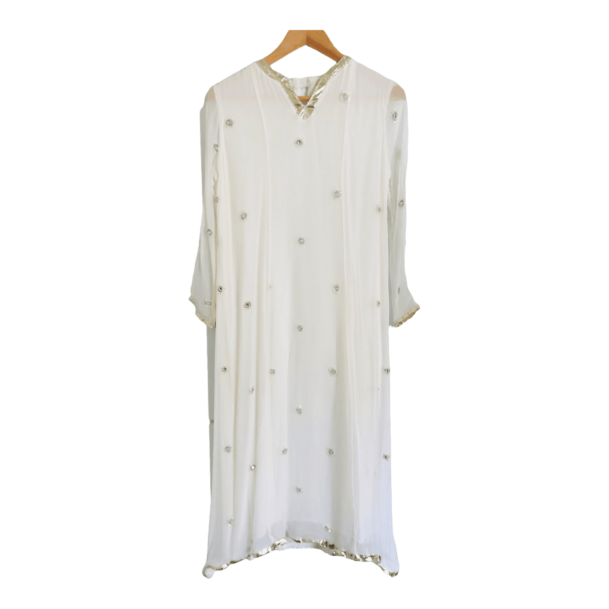 Unbranded Vintage Silk 3/4 Sleeve Kaftan Summer Maxi Embellished Dress White Silver UK Size 14 - Ava & Iva