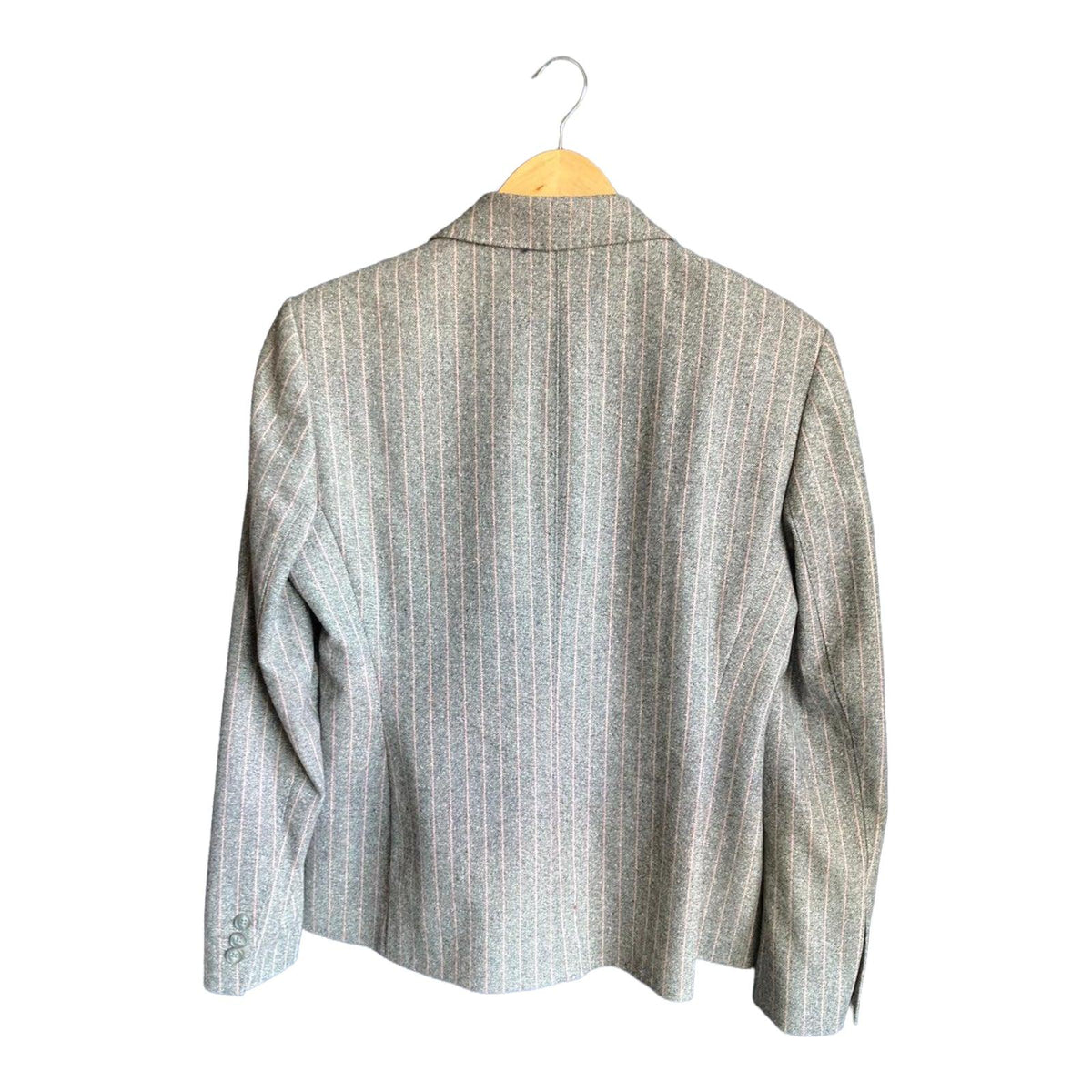 Crombie Wool Grey And Pink Pin Striped Trouser Suit Jacket UK Size 14 Trousers UK Size 12 - Ava & Iva