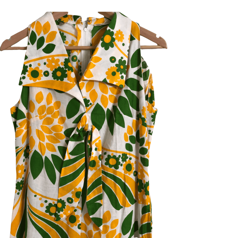 Vintage 70s Shampers Cotton Sleeveless A-Line Shirt Maxi Dress White Yellow Green Blue Floral Print UK Size 14 - Ava & Iva