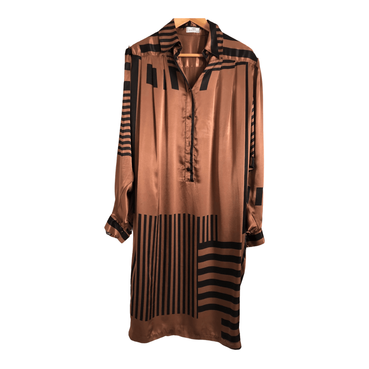 Jean Claude Paris Vintage Satin Long Sleeve Midi Shirt Dress Brown Black UK Size 16 - Ava & Iva